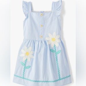 Blue Striped Girls Dress with Floral Embroidery